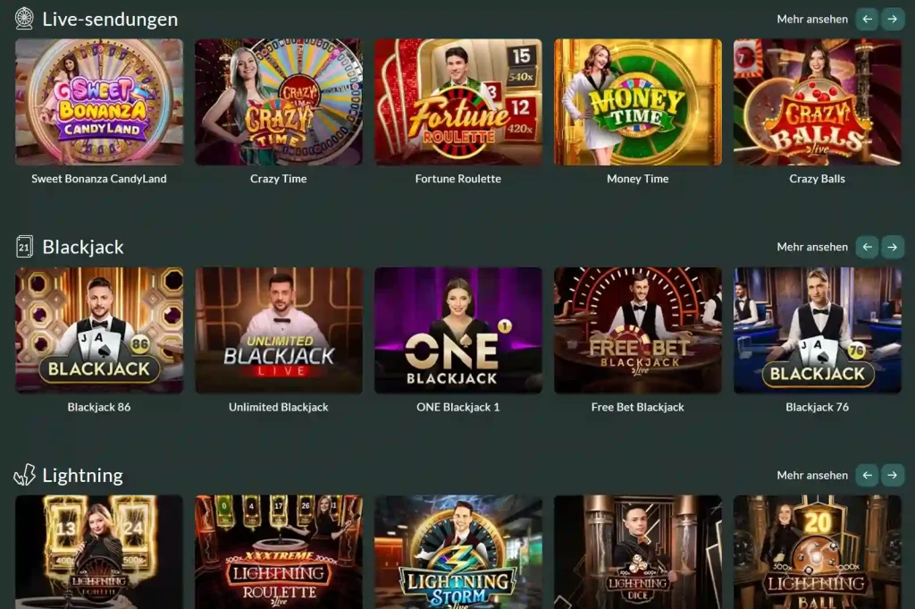 Lemon Casino Live Casino Bereich mit Spielen wie Crazy Time, Blackjack und Lightning Roulette