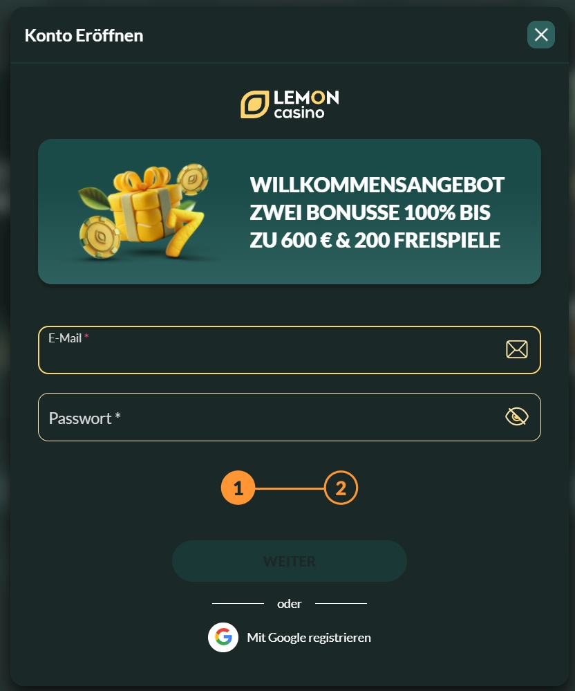 Lemon Casino Registrierungsfenster mit Willkommensbonus bis 600 € und 200 Freispiele