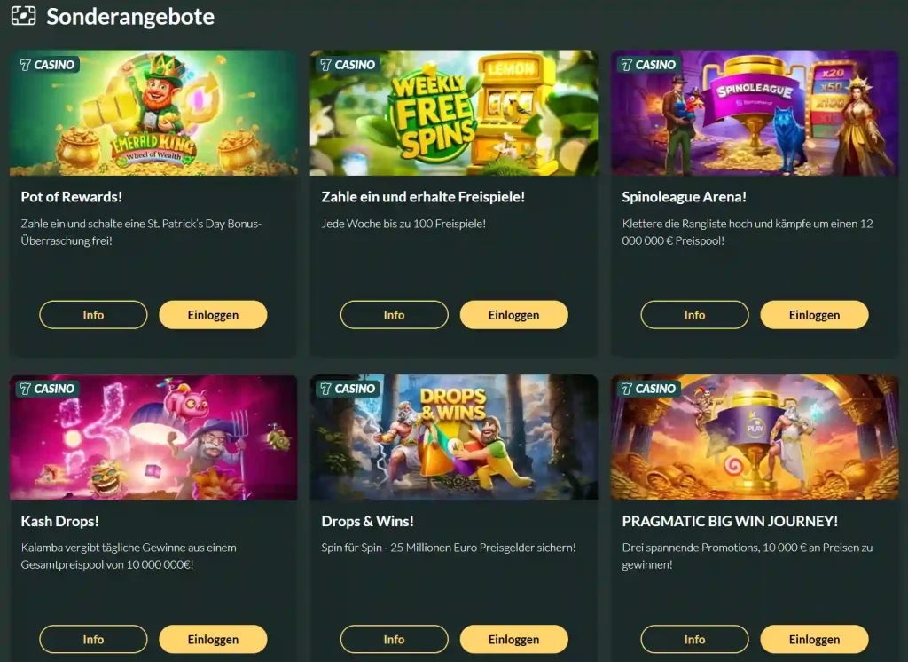 Lemon Casino Sonderangebote Bereich mit Aktionen wie Weekly Free Spins, Drops & Wins und Spinoleague Arena