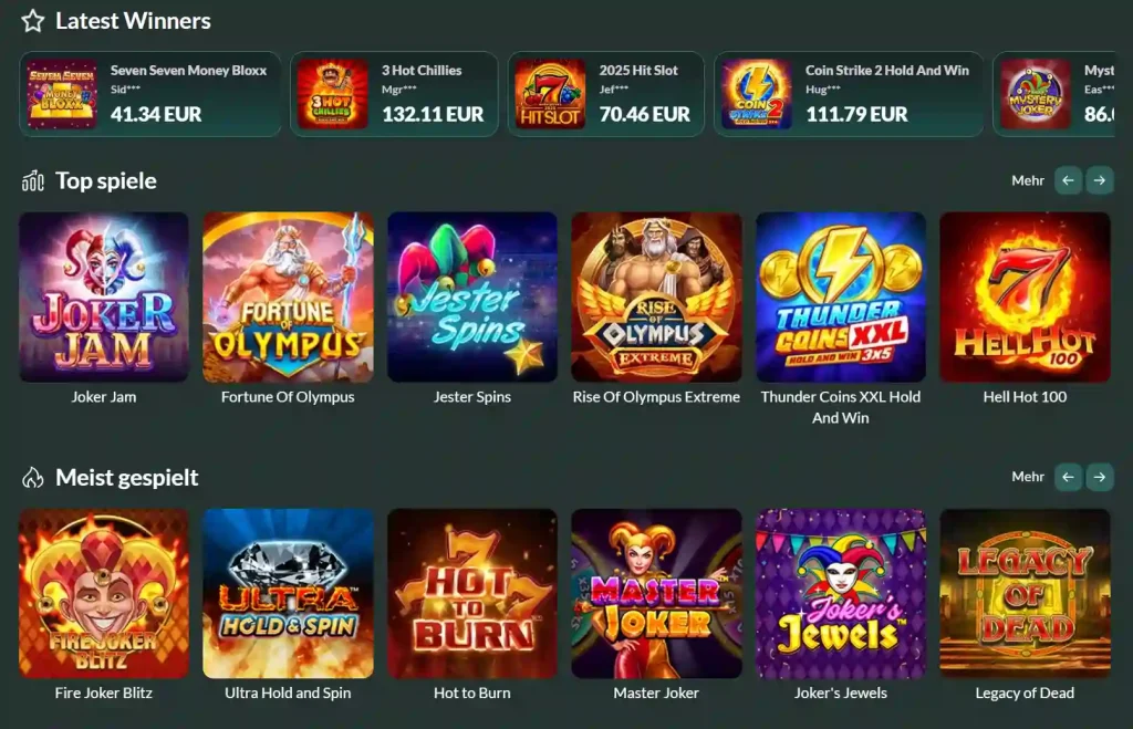Lemon Casino Bereich mit Latest Winners sowie Top Spiele wie Fortune of Olympus und Joker Jam