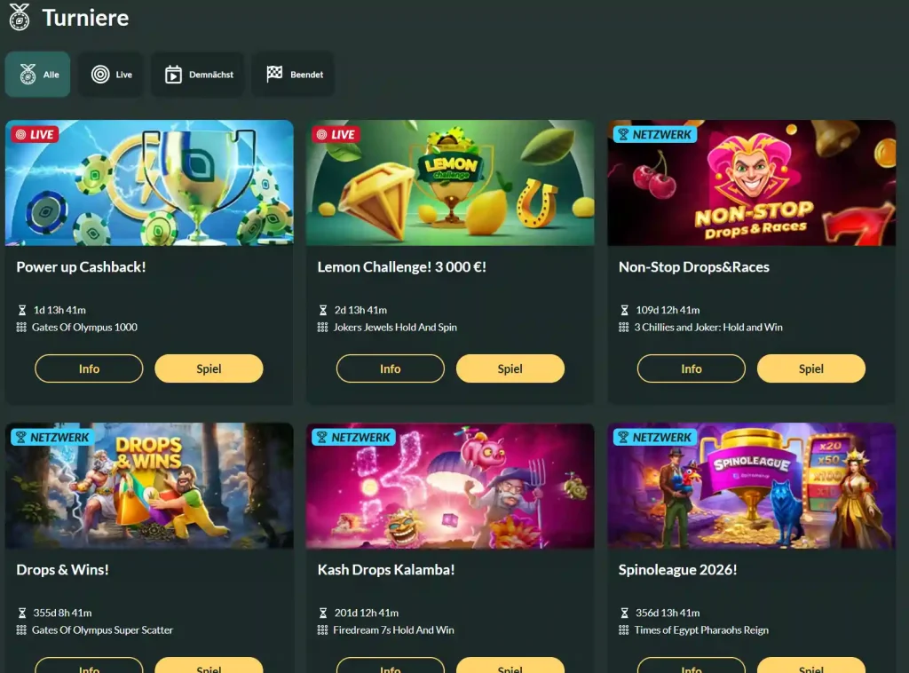 Lemon Casino Turniere Bereich mit Events wie Lemon Challenge, Drops & Wins und Spinoleague