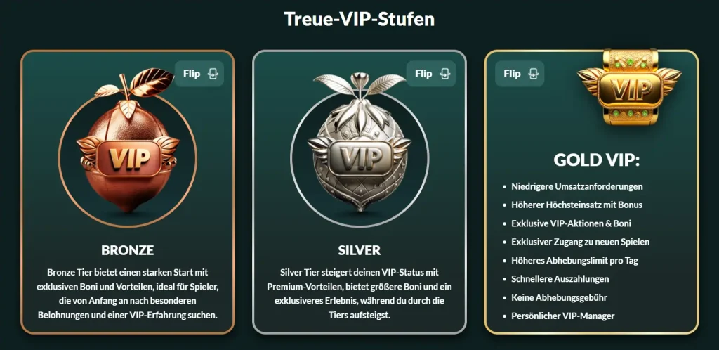 Lemon Casino Treue VIP Stufen mit Bronze, Silver und Gold VIP Vorteilen
